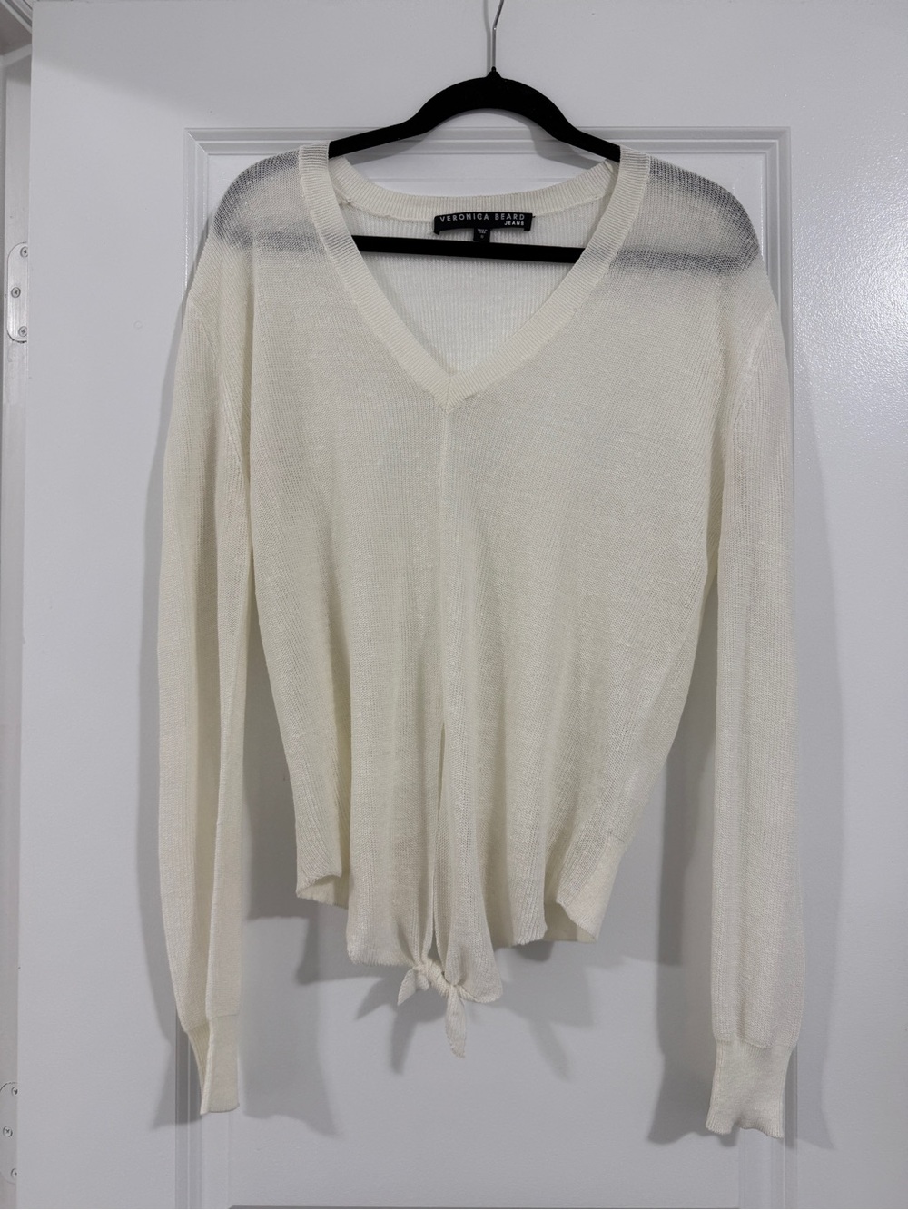 Veronica Beard Cream V-Neck Tie-Front Lightweight Sweater